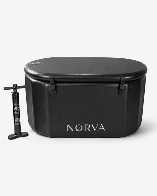 Black Norva inflatable ice bath with pump on a white background